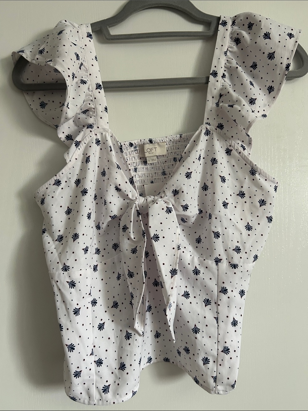 LOFT White Tie-Front Ruffle Strap Floral Dot Cami